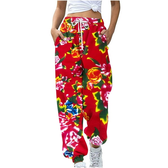 Summer Saving Clearance AXXD Red Pants for Women Trendy Spring Workout Pocket Loose Sports Pants With Drawstring Northeast Printed Casual Pants Valentine's Day