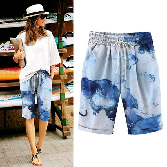 Summer Saving Clearance AXXD Shorts for Women Clearance Under $10,Casual Loose Elastic Waist Summer Pockets Printing Big Saving for Her Light Blue 10