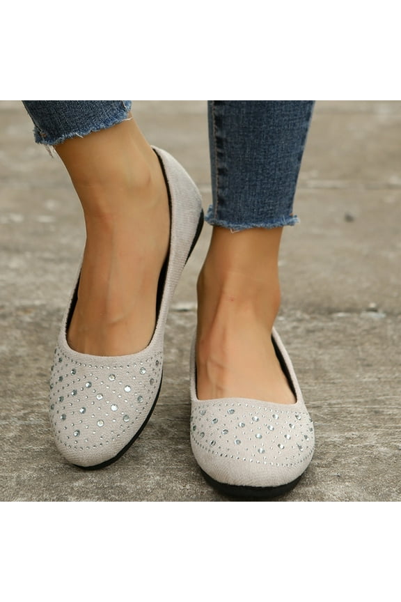 Summer Saving Clearance AXXD Spring Fall Round Toe Flat Shallow Rhinestone Beige Womens Fall Shoes Christmas Size 35(US:4.5)