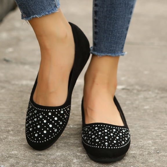 Summer Saving Clearance AXXD Spring Fall Round Toe Flat Shallow Rhinestone Black Shoes For Fall Women Christmas Size 40(US:7.5)