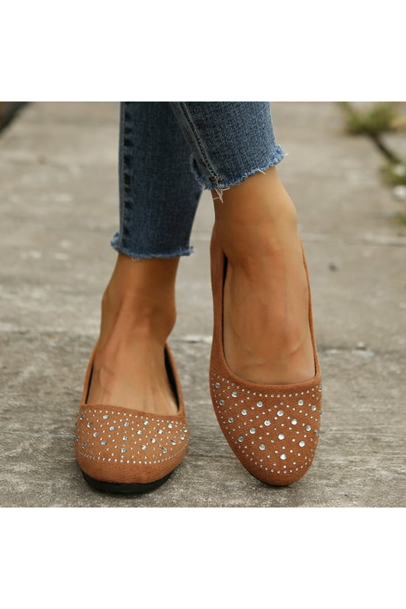 Summer Saving Clearance AXXD Spring Fall Round Toe Flat Shallow Rhinestone Coffee Fall Woman Shoe Christmas Size 41(US:8.5)