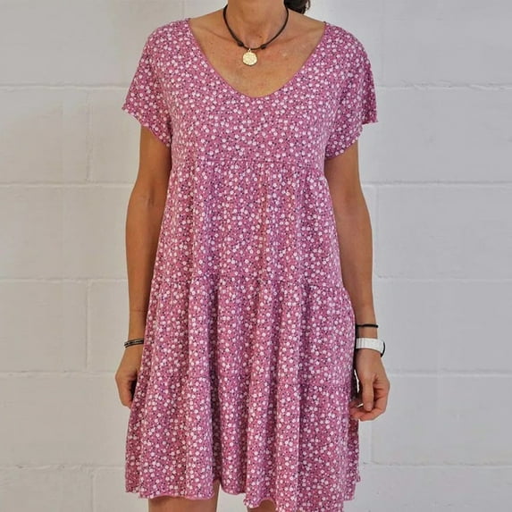 Summer Saving Clearance AXXD Summer Dresses For Women 2024,Fit and Flare Tank Knee-Length Printed Daily Casual Short Sleeve Round-Neck Knee-High Dress,Prom Dress For Ladies