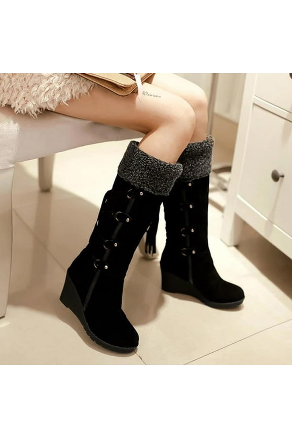 Summer Saving Clearance AXXD Wedges Mid Mid-Calf Boots,Knee-High Boots Christmas Fall Autumn Slouch Womens Teacher Dress Shoes For Women Knee-High Shoes For Clearence