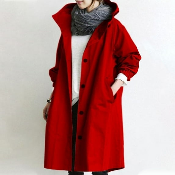 Summer Saving Clearance AXXD Winter Trench Coats For Women Pocket Windbreaker Hood Solid Color Long Trench Coat Jacket Red Size M(Us:6)