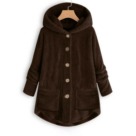 Summer Saving Clearance AXXD Women Coats Clearance Winter Plus Size Hood Button Plush Tops Loose Cardigan Wool Jacket For Lady Coffee Size M(US:10)