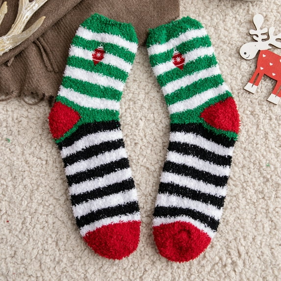 Summer Saving Clearance AXXD Women Crew Socks, Christmas Cute Coloer Stripe Santa Claus Print Thicken Coral Fleece Keep Warm Socks