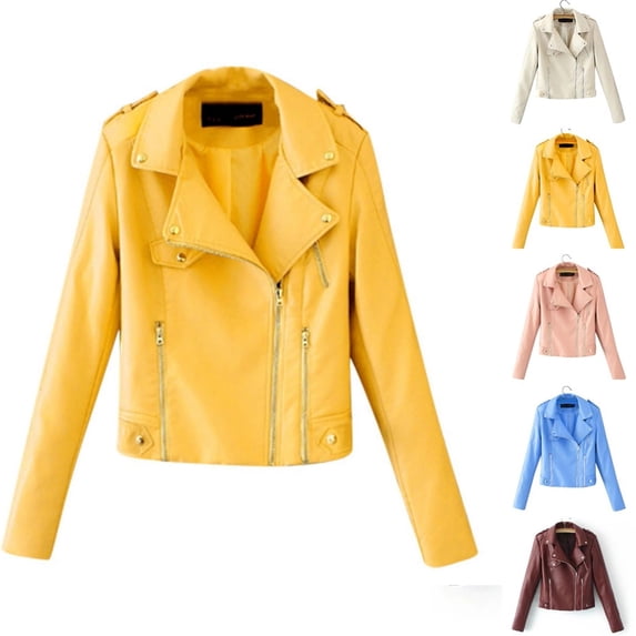 AXXD Jackets for Women,Faux Leather Jacket Turndown Long Sleeve Zip Notch Lapel Solid Color Coat Jacket Yellow Size M(Us:6)