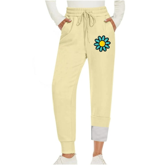 Summer Saving Clearance AXXD Women Pants Beige Fall Joggers Fitness Sport Relaxed Loose Printing Elastic Waist Full Length Pantswith Pocket Valentine's Day