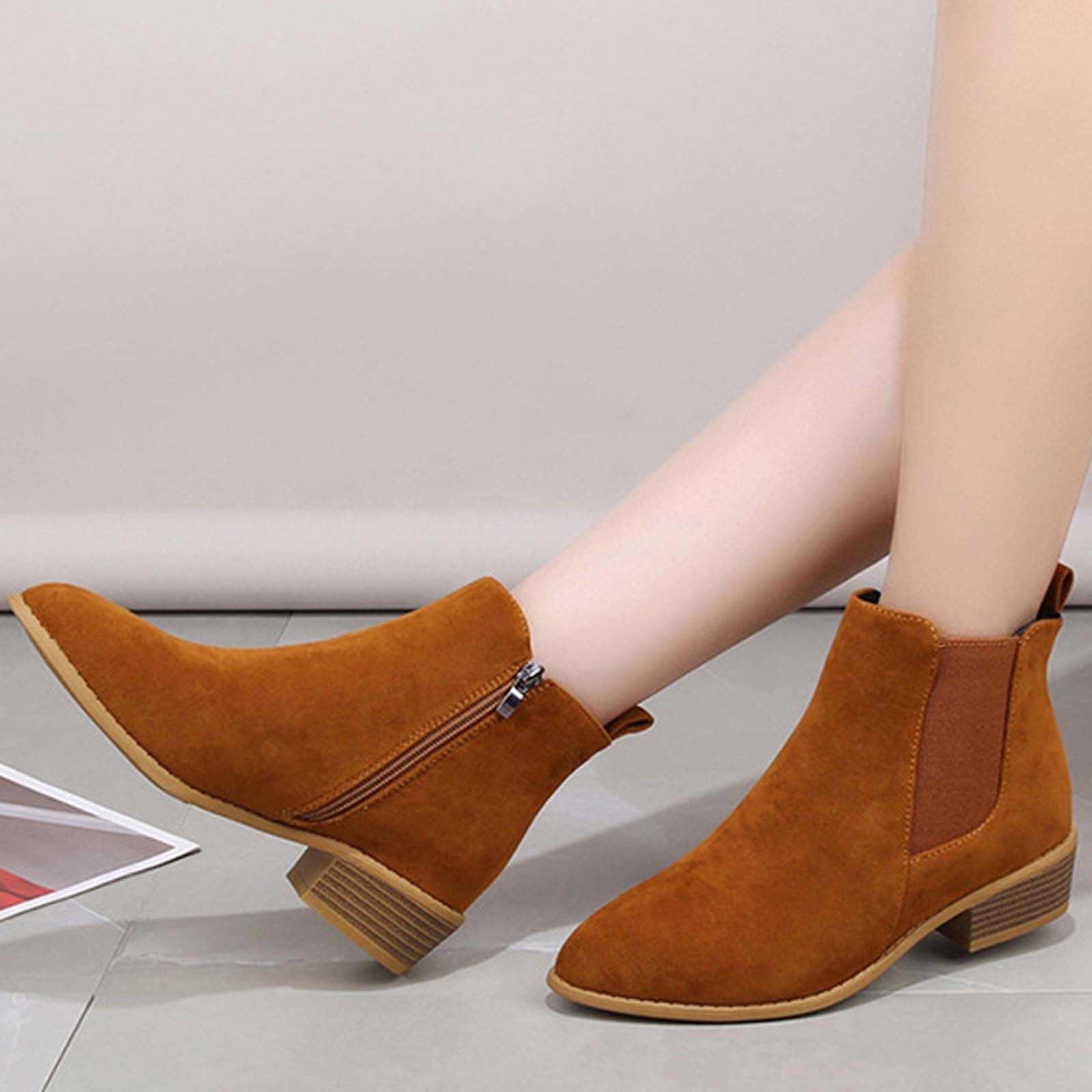 Summer Saving Clearance AXXD Women's Chunky Side Zip Round Toe Middle-Heels Boots Warm Winter Boots Women Clearance Brown Size 36(US:4.5)