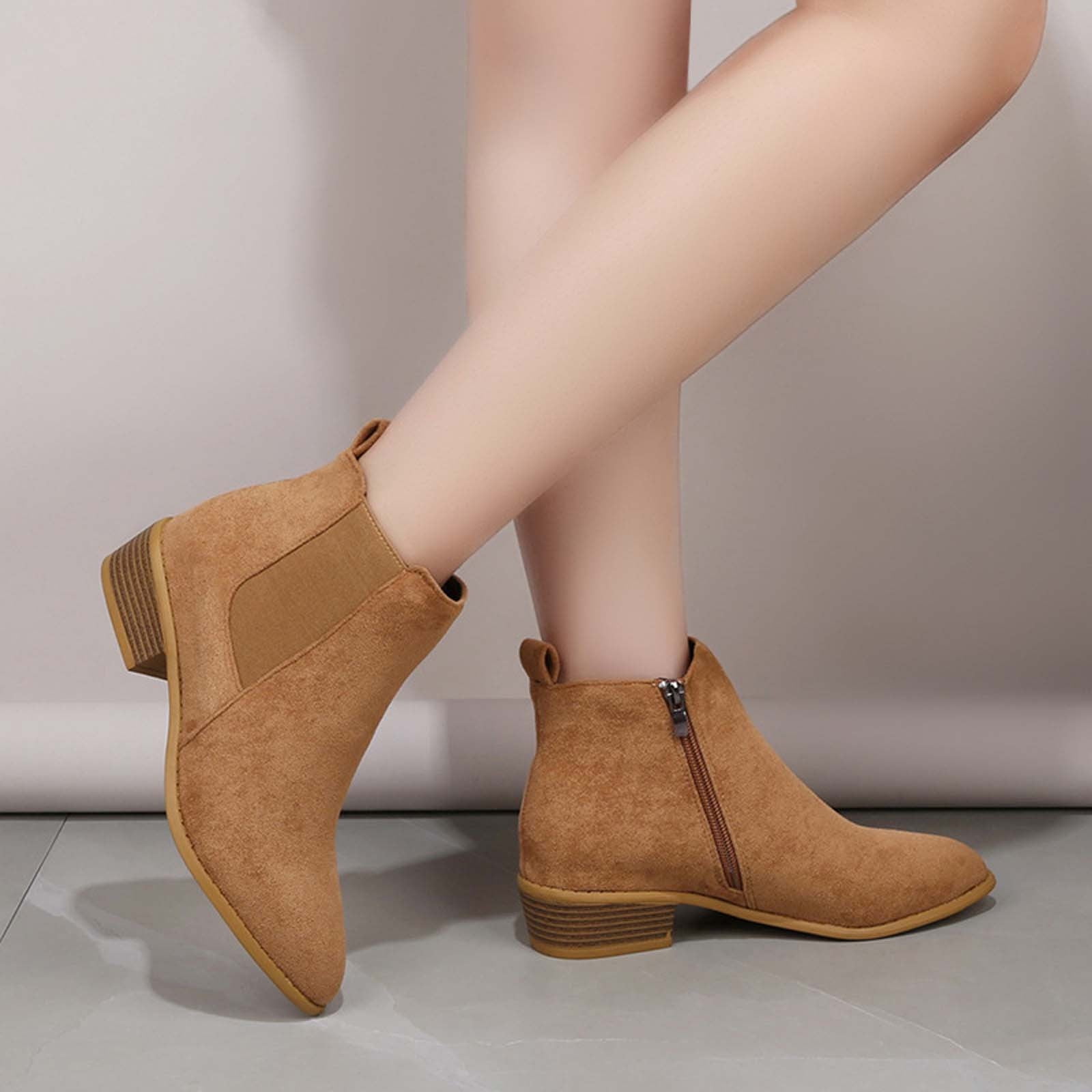 Summer Saving Clearance AXXD Women's Chunky Side Zip Round Toe Middle-Heels Boots Winter Boots for Women Clearance Khaki Size 40(US:7)