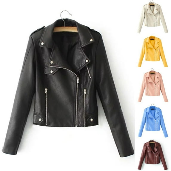 AXXD Jackets for Women,Women's Leather Jacket Long Sleeve Zip Notch Lapel Faux Leather Solid Color Turndown Coat Jacket Black Size L(Us:8)