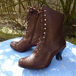 AXXD Women's Middle-Heels Bandage Solid Color Round Toe Mid Calf Boots Brown Booties for Women Low Heel Size 38(US:6.5)