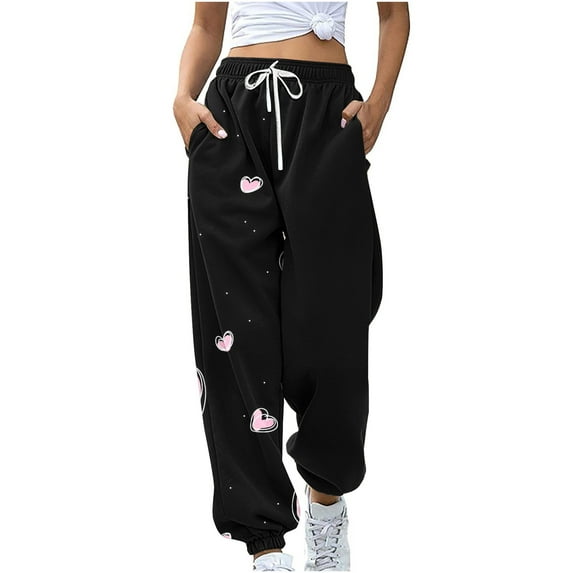 Summer Saving Clearance AXXD Women's Pants Black Fall Workout Pocket Loose Sports Drawstring Valentine's Day Printed Pants