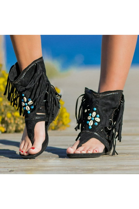 Summer Saving Clearance AXXD Women's Retro Bohemian Tassel Sandals Roman Beach Shoes Boots Women's Winter Boot Clearance Black Size 39(US:7)