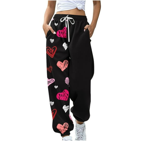 Summer Saving Clearance AXXD Women's Sweatpants Black Fall Workout Pocket Loose Sports Drawstring Valentine's Day Printed Pants