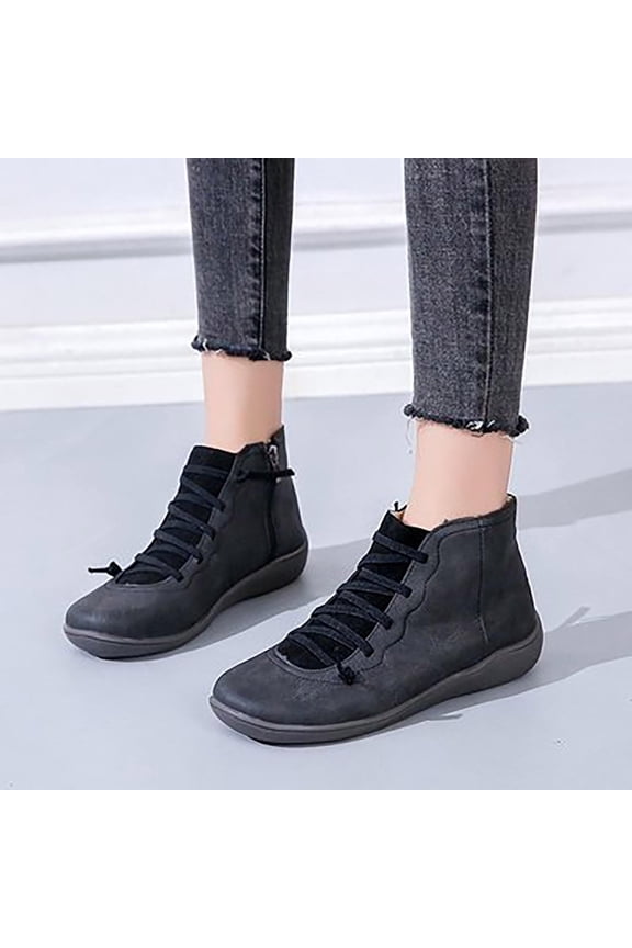 Summer Saving Clearance AXXD Women's Vintage Lace Side Zip Round Toe Flat Boots Fall Boots for Women 2024 Clearance Black Size 37(US:6)