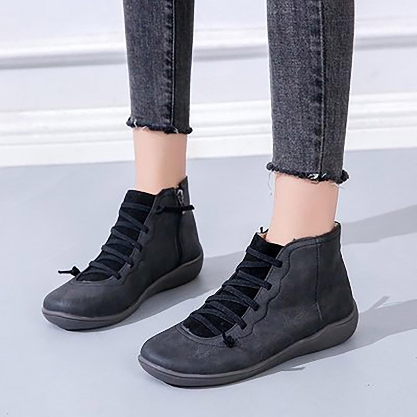 Summer Saving Clearance AXXD Women's Vintage Lace Side Zip Round Toe Flat Boots Fall Boots for Women Clearance Black Size 40(US:7.5)