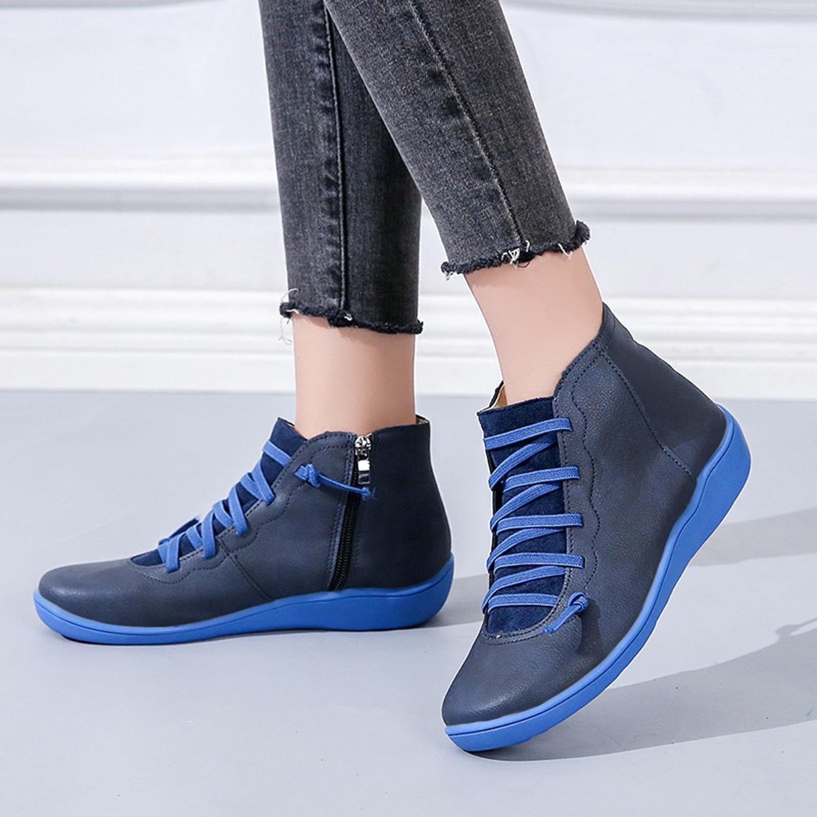 Summer Saving Clearance AXXD Women's Vintage Lace Side Zip Round Toe Flat Boots Winter Boots Women Clearance Blue Size 36(US:5.5)