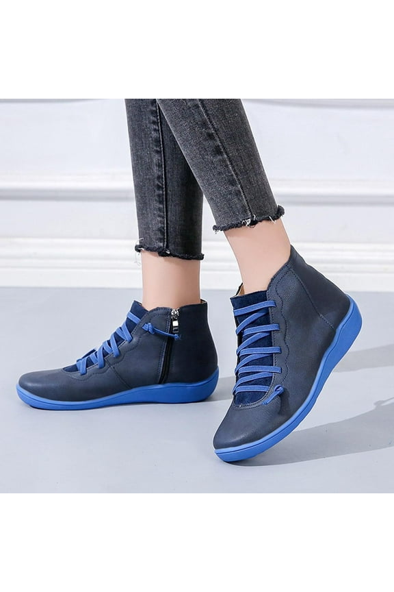 Summer Saving Clearance AXXD Women's Vintage Lace Side Zip Round Toe Flat Boots Winter Boots Women Clearance Blue Size 36(US:5.5)