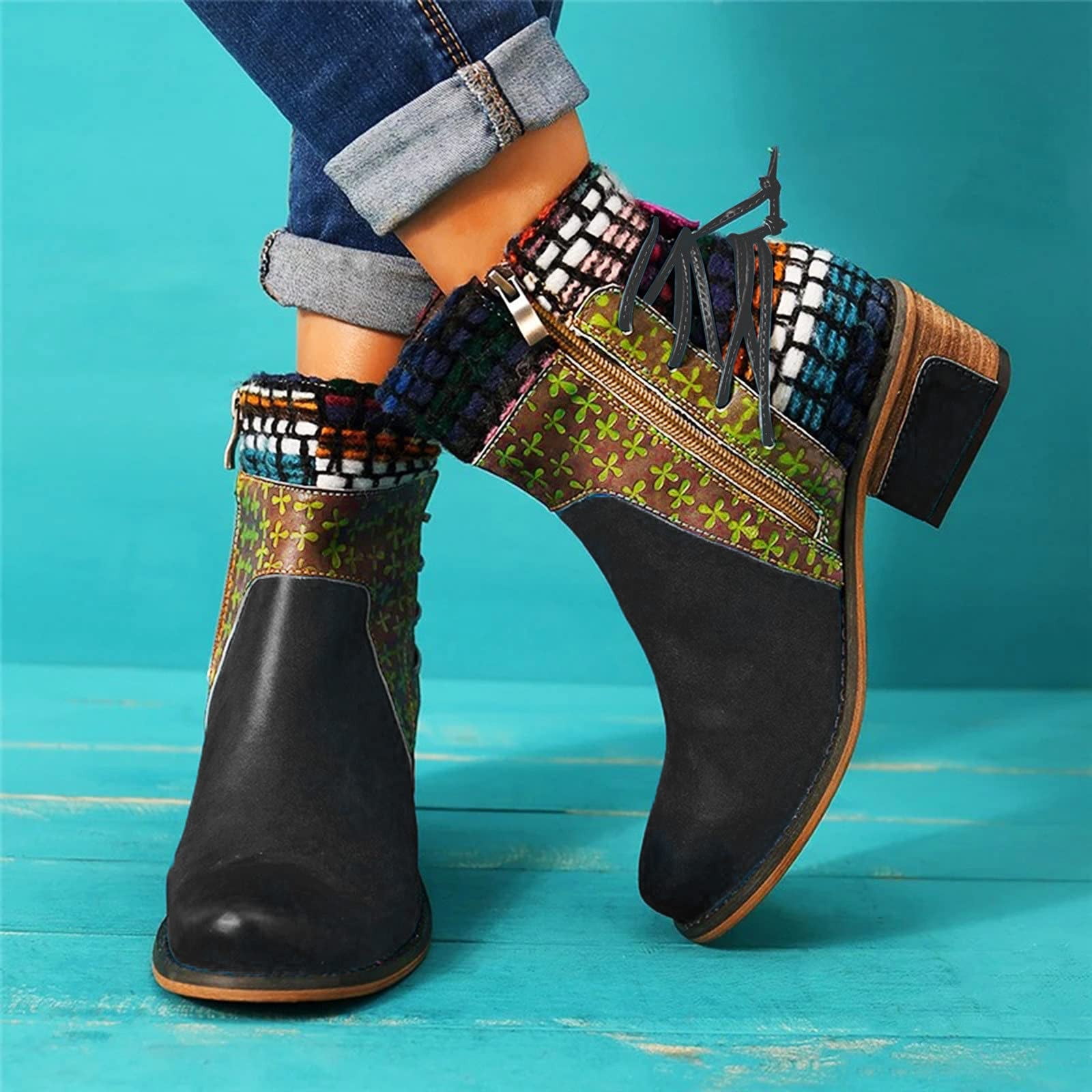 Summer Saving Clearance AXXD Women's Vintage Splicing Round Toe Square Heel Boots Thick Heel Short Shoes Fall Boots for Women 2024 Clearance Black Size 37(US:6)