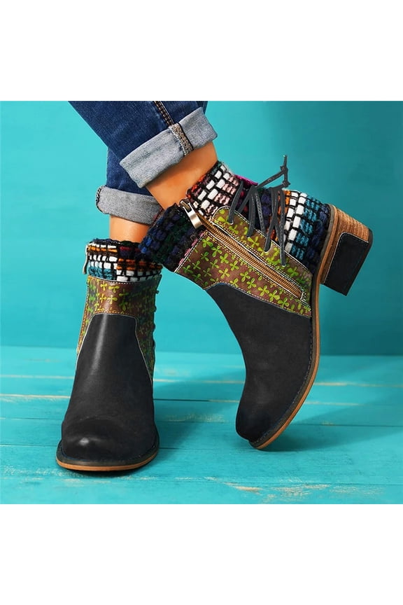 Summer Saving Clearance AXXD Women's Vintage Splicing Round Toe Square Heel Boots Thick Heel Short Shoes Womens Boots Fall Clearance Black Size 43(US:9.5)