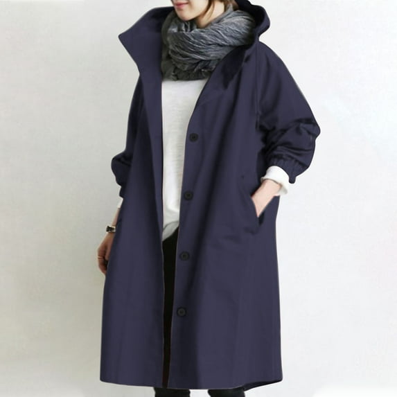 Summer Saving Clearance AXXD Womens Black Trench Coat Long Sleeve Pocket Hood Solid Color Windbreaker Trench Coat Jacket Navy Size XL(US:10)