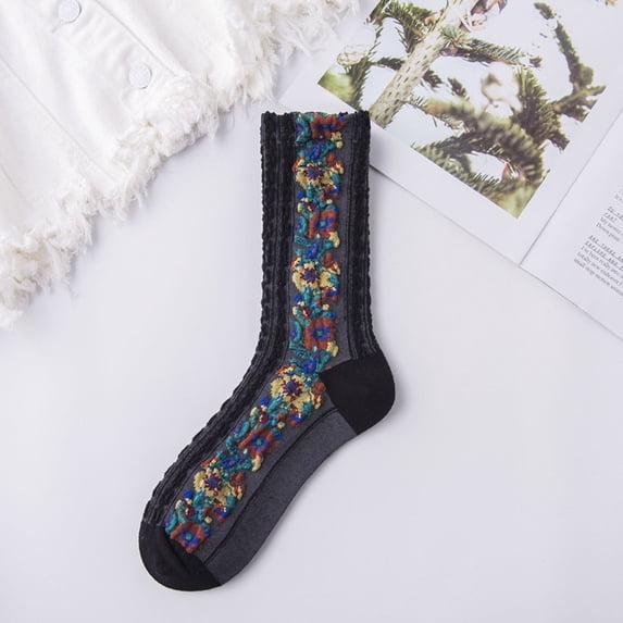 AXXD Womens Compression Socks, Cute Coloer Lace Flowers Breathable Non-Slip Combed Cotton Middle Socks
