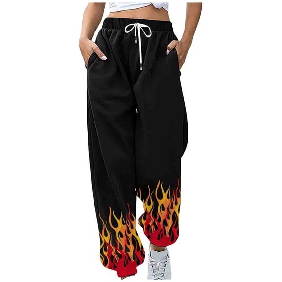 Summer Saving Clearance AXXD Womens Pants Black Spring High Waist Workout Flame Printing Sweatpants Loose Lounge Trousers With Pockets Pants Valentine's Day