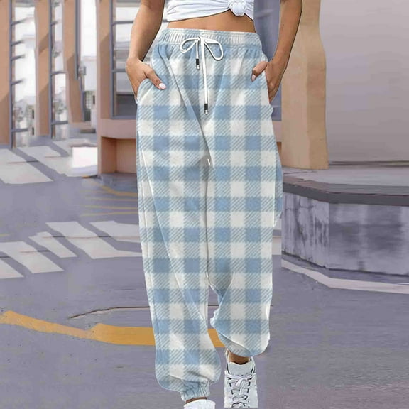 Summer Saving Clearance AXXD Womens Pants Blue Summer Plaid High Waist Workout Checker Printing Sweatpants Loose Lounge Trousers With Pockets Pants Mother's Day