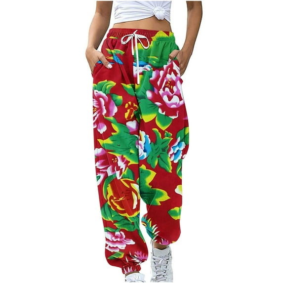 Summer Saving Clearance AXXD Womens Pants Casual Red Summer Workout Pocket Loose Sports Pants With Drawstring Northeast Printed Casual Pants Mother's Day