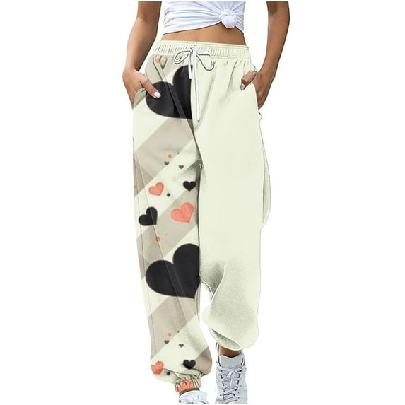 Summer Saving Clearance AXXD Work Pants Women Beige Fall Workout Pocket Loose Sports Drawstring Valentine's Day Printed Pants