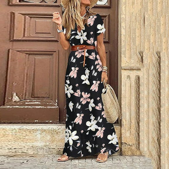 Summer Saving Clearance AXXD bodycon dress,Summer Casual Short Sleeve Boho Printed Summer V-Neck With Belt Dresses womens tops dressy sandals for women dressy summer