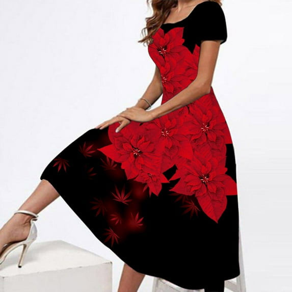 Summer Saving Clearance AXXD sweater dress for women,Short Sleeve Round Neck Casual Party Daily Elegant Printing Dress red christmas dress women gala dresses for women