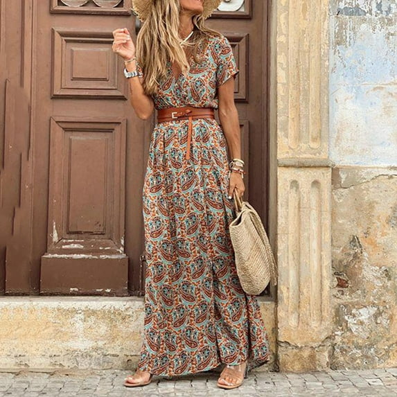 Summer Saving Clearance AXXD white dress,Summer Casual Short Sleeve Boho Printed Summer V-Neck With Belt Dresses womens dressy tops black maxi dress