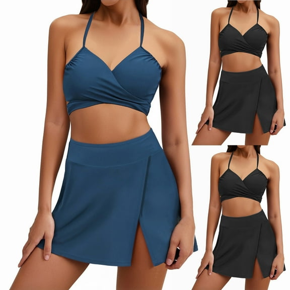 Ashirexll Bikini Sets for Women Bikini Swimsuits Ladies' Sling Tie Neck Bikini Set with Chest Pad Summer Beach Solid Color Tow Piece Swim Suit for Women