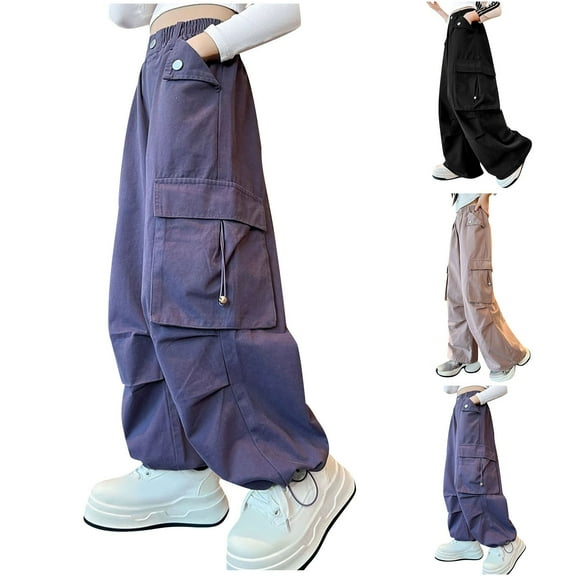 Ashirexll Girls Cargo Pants Leggings Spring Solid Color Work Pants With Multiple Pockets Loose Pants for Boys and Girls