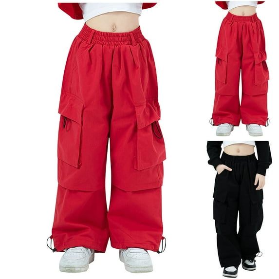 Ashirexll Girls Cargo Pants Leggings Spring Solid Color Work Pants With Multiple Pockets Loose Pants for Boys and Girls