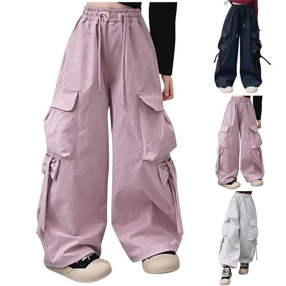 Ashirexll Girls Summer Pants Girls Cargo Pants Spring Solid Color Work Pants With Multiple Pockets Loose Pants for Boys and Girls