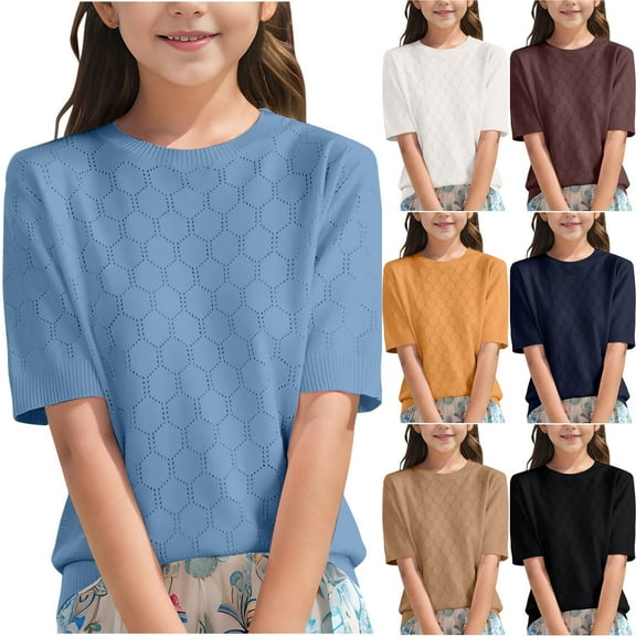 Summer Saving! Ashirexll Girls Shirts, Shirts for Girlss, foreign Trade Fall Solid Color High Neck Girls Solid Color Short-Sleeve Crew-Neck Top/Shirt