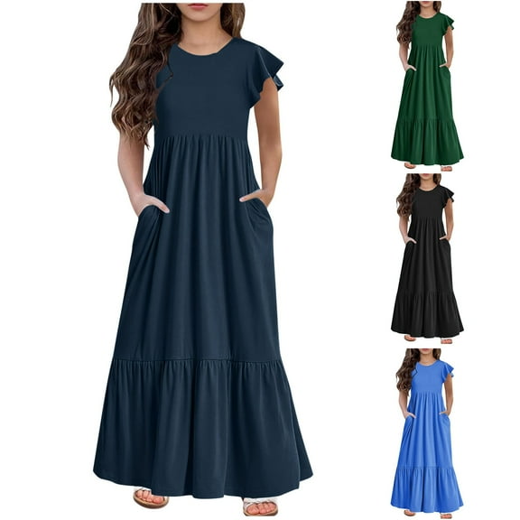 Ashirexll Teen Summer Dresses, Girls Summer Dresses, 6-12 Years Fashion Girls Summer Short Sleeve Round Neck Solid Color Dress