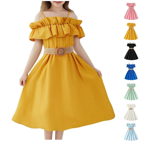 Ashirexll Teen Summer Dresses, Girls Summer Dresses, 6-13 Years Girls' Solid Color Sleeveless Sling Dress Fashion Pleated Flowy Dress