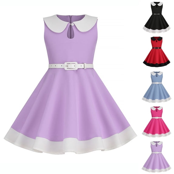 Ashirexll Girls Summer Dresses, Little Girls Dresses, 3-8 Years Girls Summer Waist Stripe Solid Color Spliced Ruffle Short Sleeve Round Neck Dress