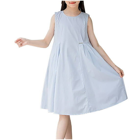 Ashirexll Summer Dresses for Teens, Girls Dresses Size 10-12, Girls Summer Dress for 6-16 Back Button Sleeveless Round Neck Knee-Length Dress Summer Casual Loose Sundress