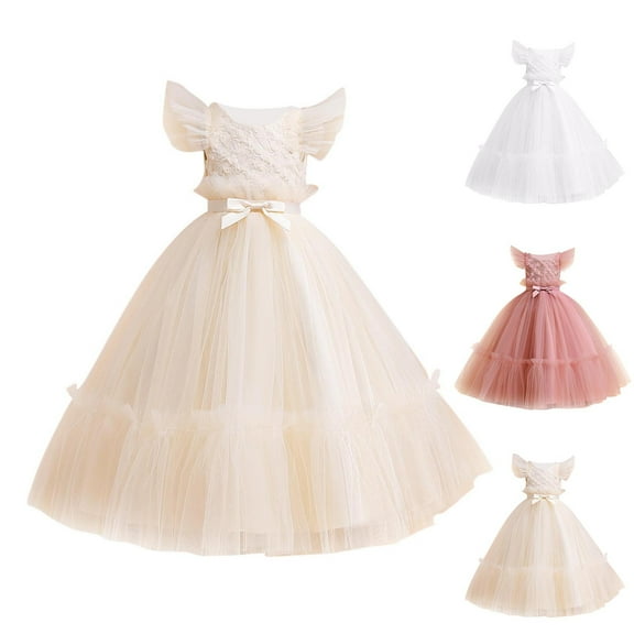 Ashirexll Girls Summer Dresses, Toddler Girl Dress, Formal Dress with Flying Sleeves Solid Color Embroidery Bow Mesh Skirt Princess Dress Birthday Party Show Piano Costume