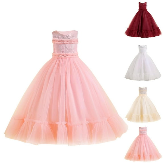 Summer Saving Clearance ! Ashirexll Girls Summer Dresses, Toddler Girl Dress, Sleeveless Round Neck Solid Color Embroidered Bead Mesh Puff Princess Dress Evening Dress Banquet Dress