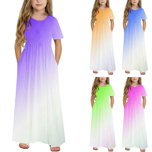 Ashirexll Summer Dresses for Teens, Girls Dresses Size 10-12, Girls Summer Dress with Pockets Fashion Gradient Color Short Sleeve Round Neck Long Dress for Children 4-14