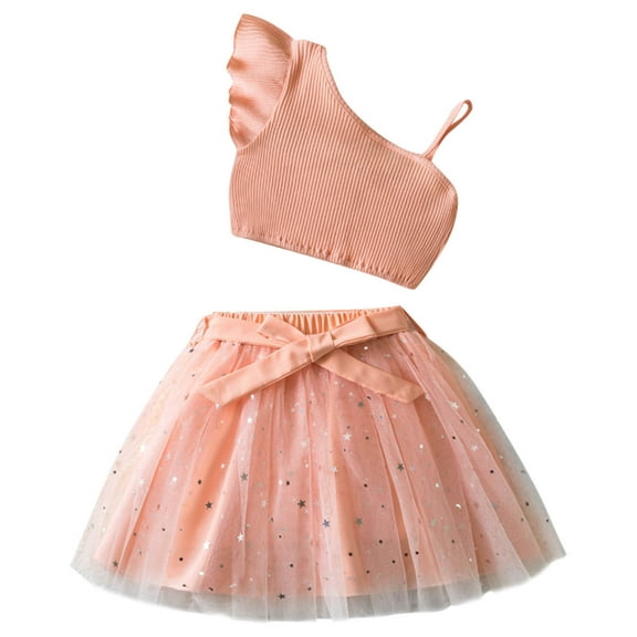 Ashirexll Girls Summer Outfits, Girls' Clothing Sets, 3-8 Years Girls' Fashion One Shoulder Ruffled Sleeve Camisole Lace Mesh Princess Bow Skirt Suit Sets