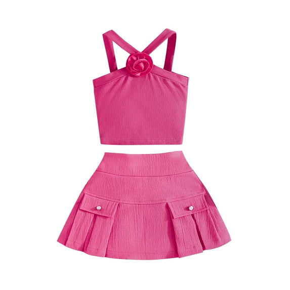 Ashirexll Girls Summer Outfits, Girls' Clothing Sets, 9 Months-5 Years Fashion Cute Girls' Solid Color Camisole Sleeveless Top and Skirt Two-piece Set