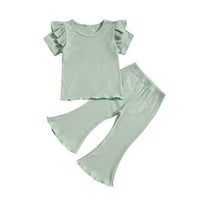 Ashirexll Girls Summer Outfits, Girls Summer Sets, 1-5 Years Girls' Casual Summer Outfits Solid Color Ruffle Short Sleeve Round Neck T-shirts and Long Pants Two Piece Sets