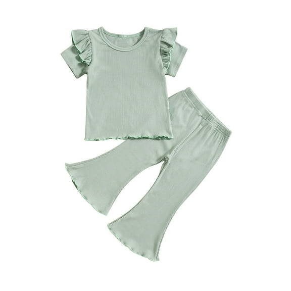 Ashirexll Girls Summer Outfits, Girls Summer Sets, 1-5 Years Girls' Casual Summer Outfits Solid Color Ruffle Short Sleeve Round Neck T-shirts and Long Pants Two Piece Sets